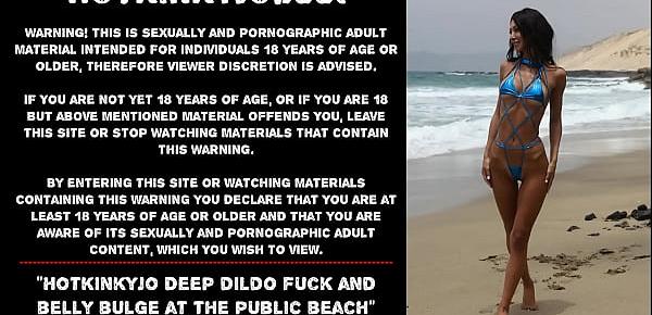  Hotkinkyjo deep dildo fuck and belly bulge at the public beach